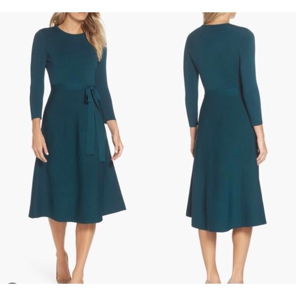 Eliza J fit and flare tie knit sweater dress size M Teal - Picture 1 of 10